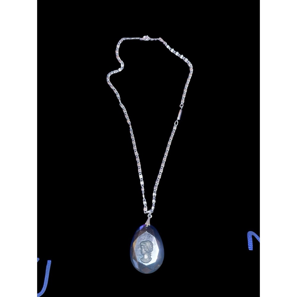 Vintage Intaglio Glass Faceted Clear Portrait Silver Chain Germany Necklace